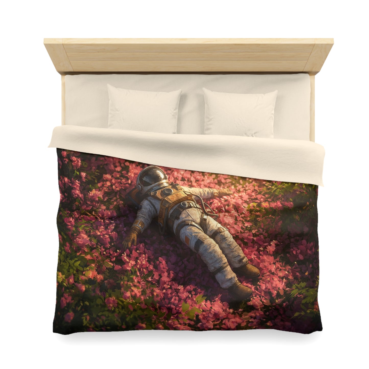 Astronaut Amidst Petal Bloom Microfiber Duvet Cover – Sunset Sanctuary in Bloom