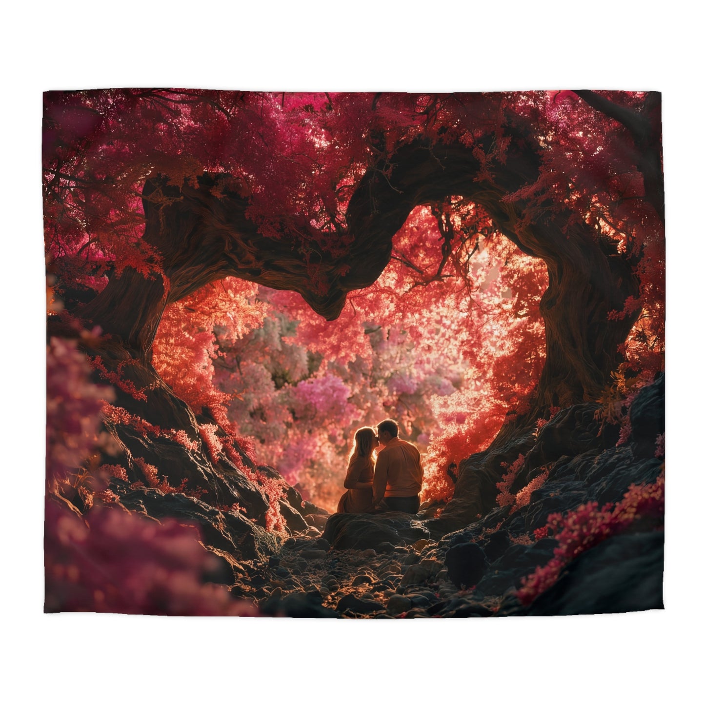 Crimson Archway Duvet Cover – Heart-Shaped Forest Canopy Print