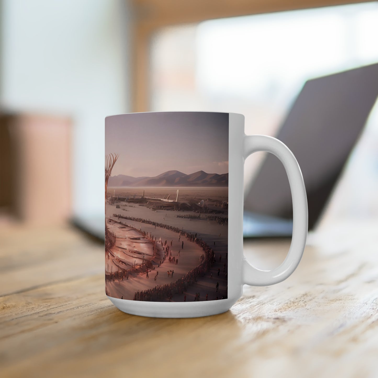 A colossal sundial materializing in the heart of the Burning Man festival, its intricate architecture inspiring awe and wonder.  -  Ceramic Mug 15oz