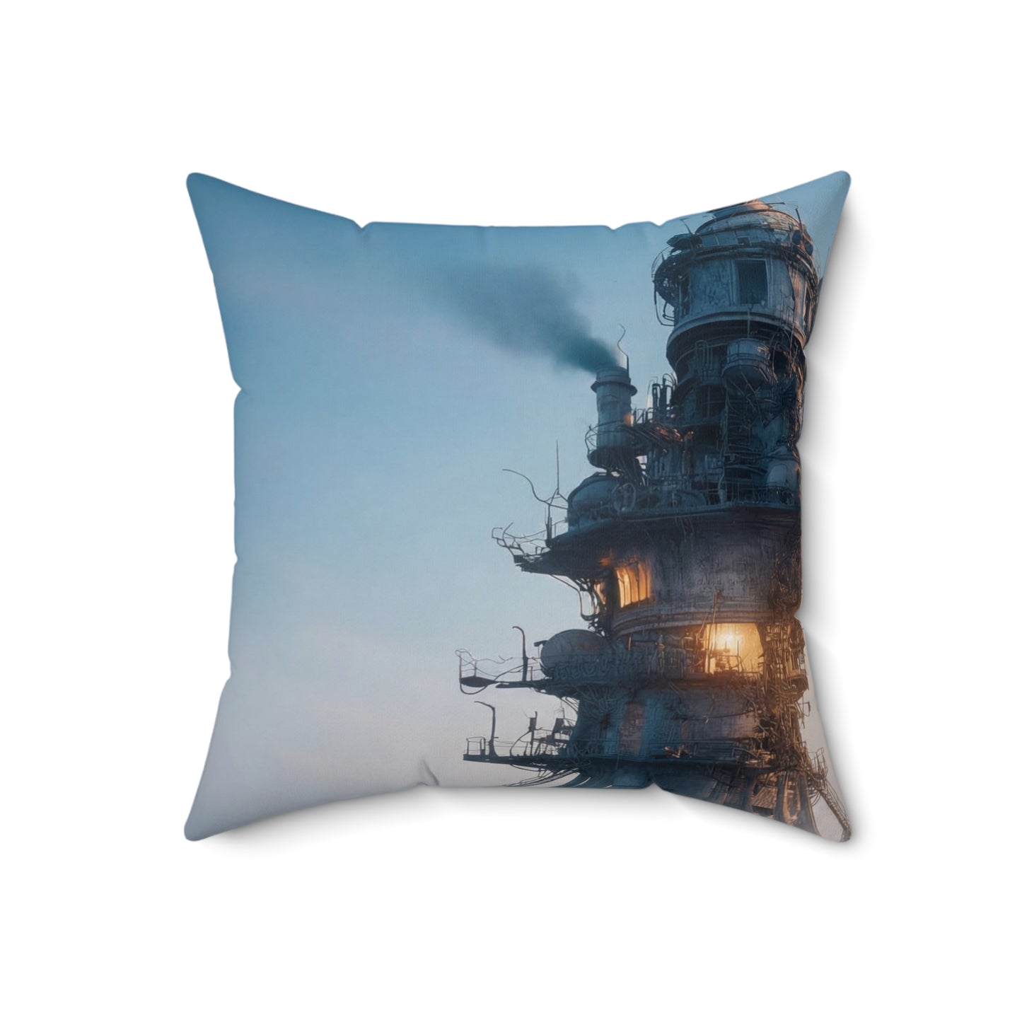 Skyward Spire Spun Polyester Square Pillow – Steam-Powered Sentinel in Dawn Light
