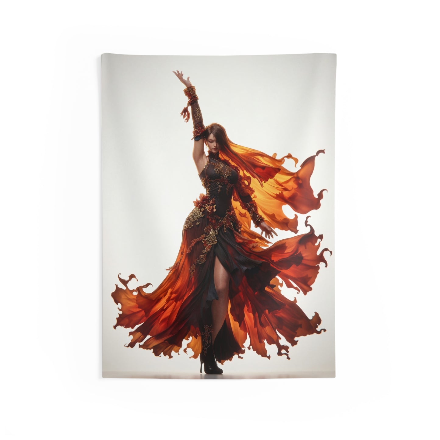 Flame-Dancer Goddess Indoor Wall Tapestries – Crimson Whirlwind Grace