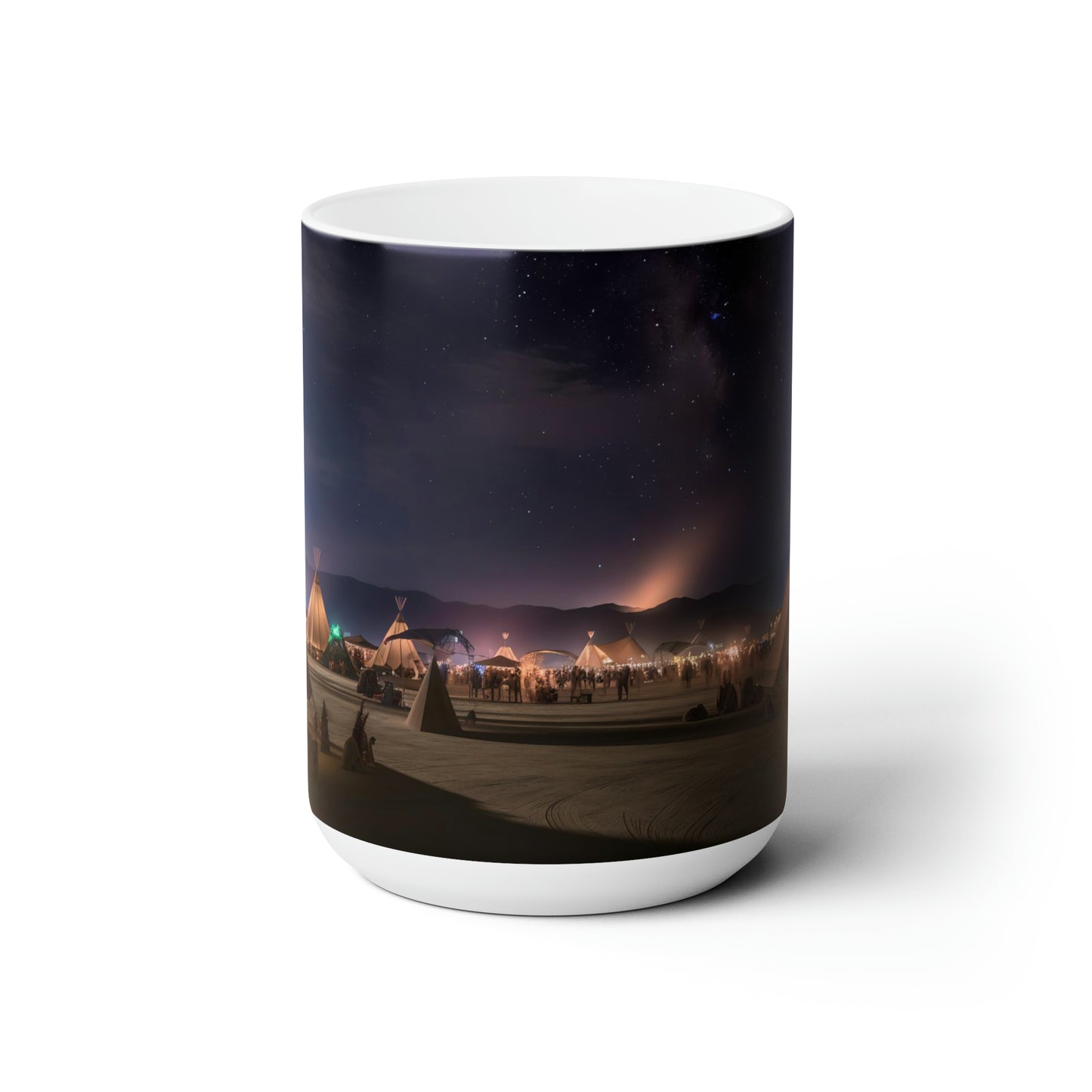 the esplanade at the burning man festival under the stars in the style of titian - Ceramic Mug 15oz