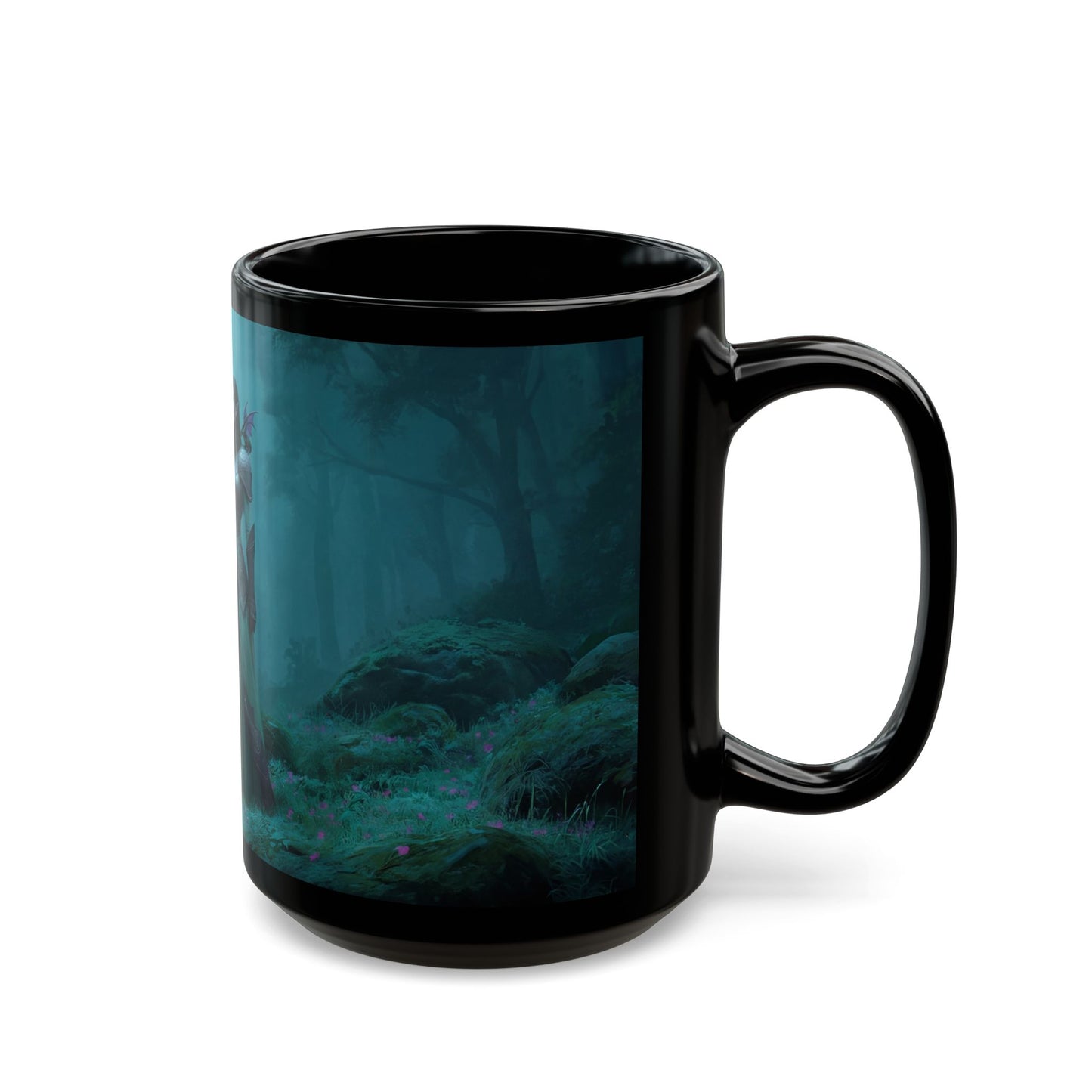 Twilight Sentinel Black Mug – Misty Forest Guardian with Glowing Sword