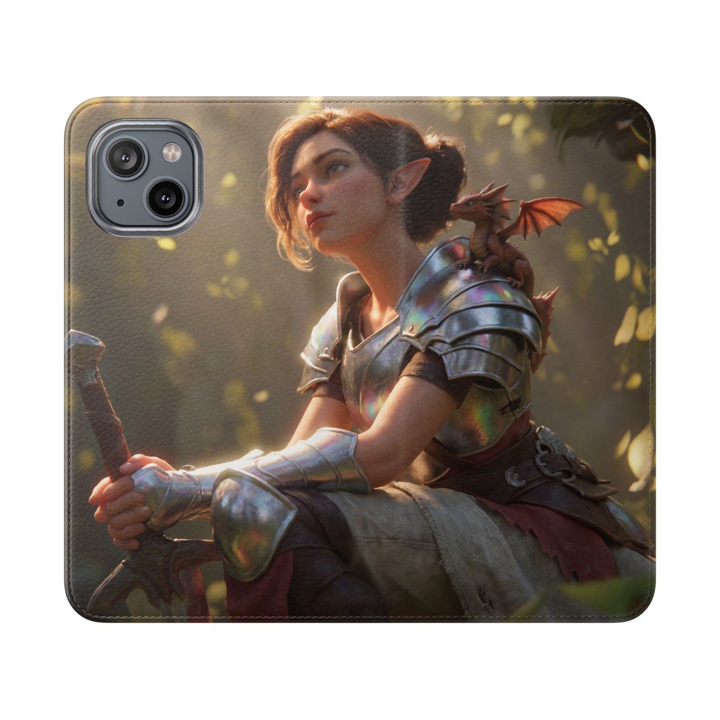 Elven Knight with Dragon Flip Cases – Iridescent Armor & Tiny Guardian Portrait