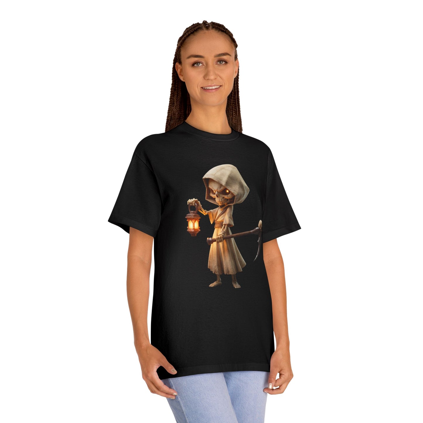 Lantern-Bearing Reaper Unisex Classic Tee – Hooded Guardian with Scythe