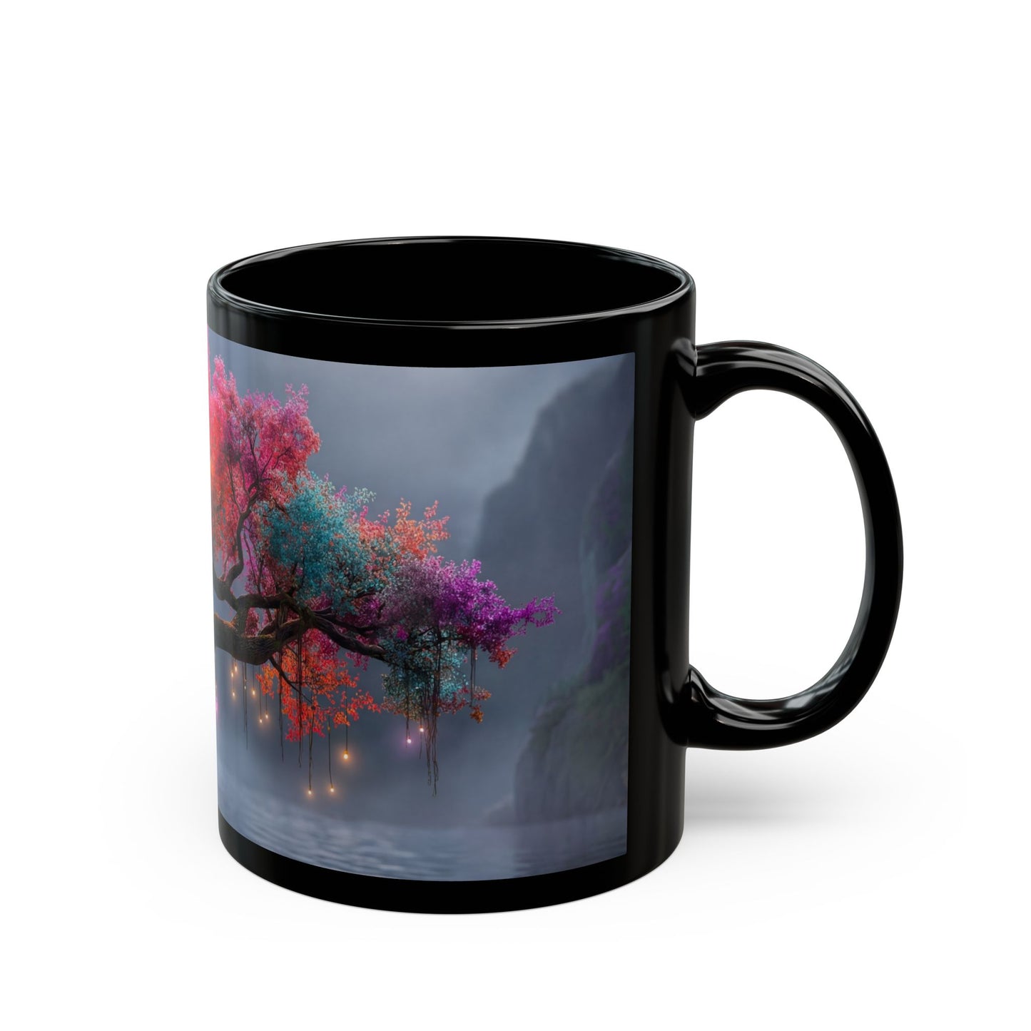 Chromatic Dream Tree Black Mug – Midnight Bloom & Lantern Glow