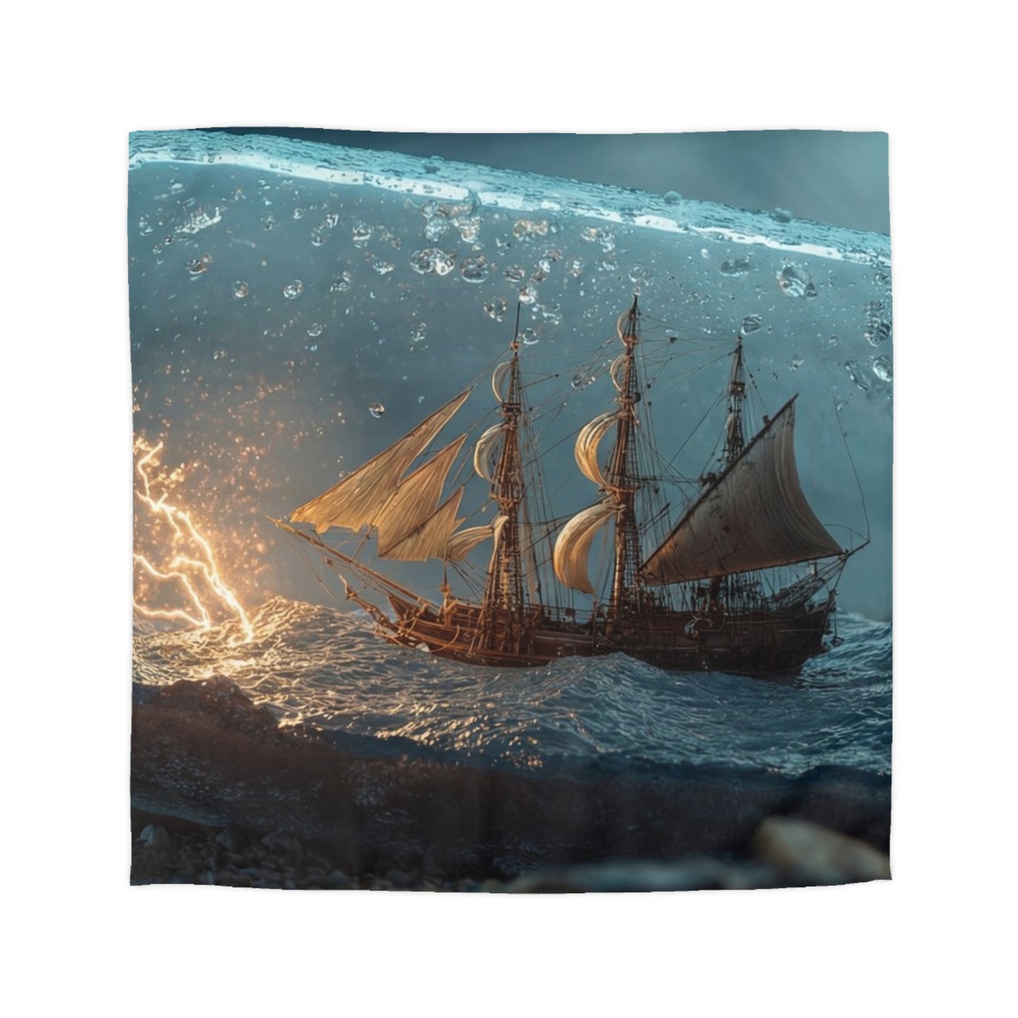 Storm-Sailed Ship in Bottle Microfiber Duvet Cover – Pocketed Ocean Dreamscape