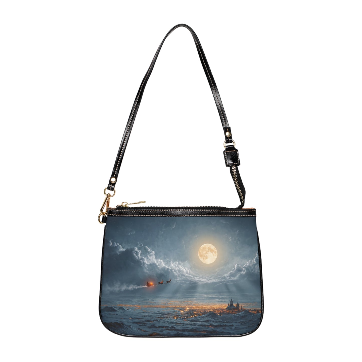 Midnight Sleigh Ride Small Shoulder Bag – Frost-Clad City Beneath a Full Moon
