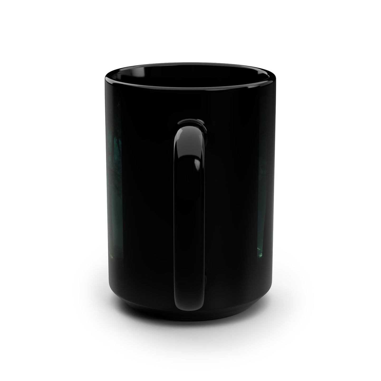 Golden Spiral Forest Black Mug, 15oz – Luminescent Light Rings on Mossy Path