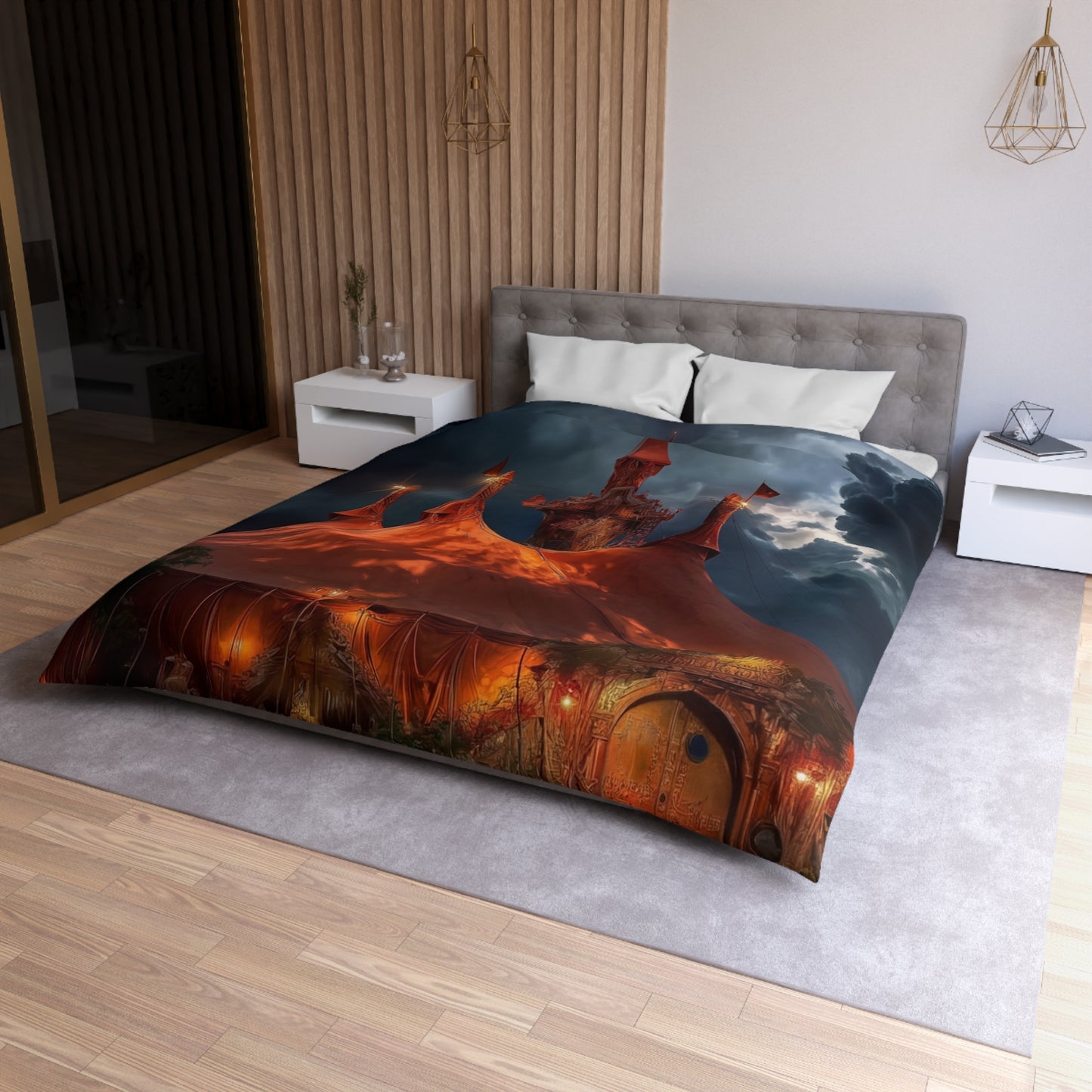 Crimson Carnival Tent Duvet Cover – City Lights Under Stormy Skies