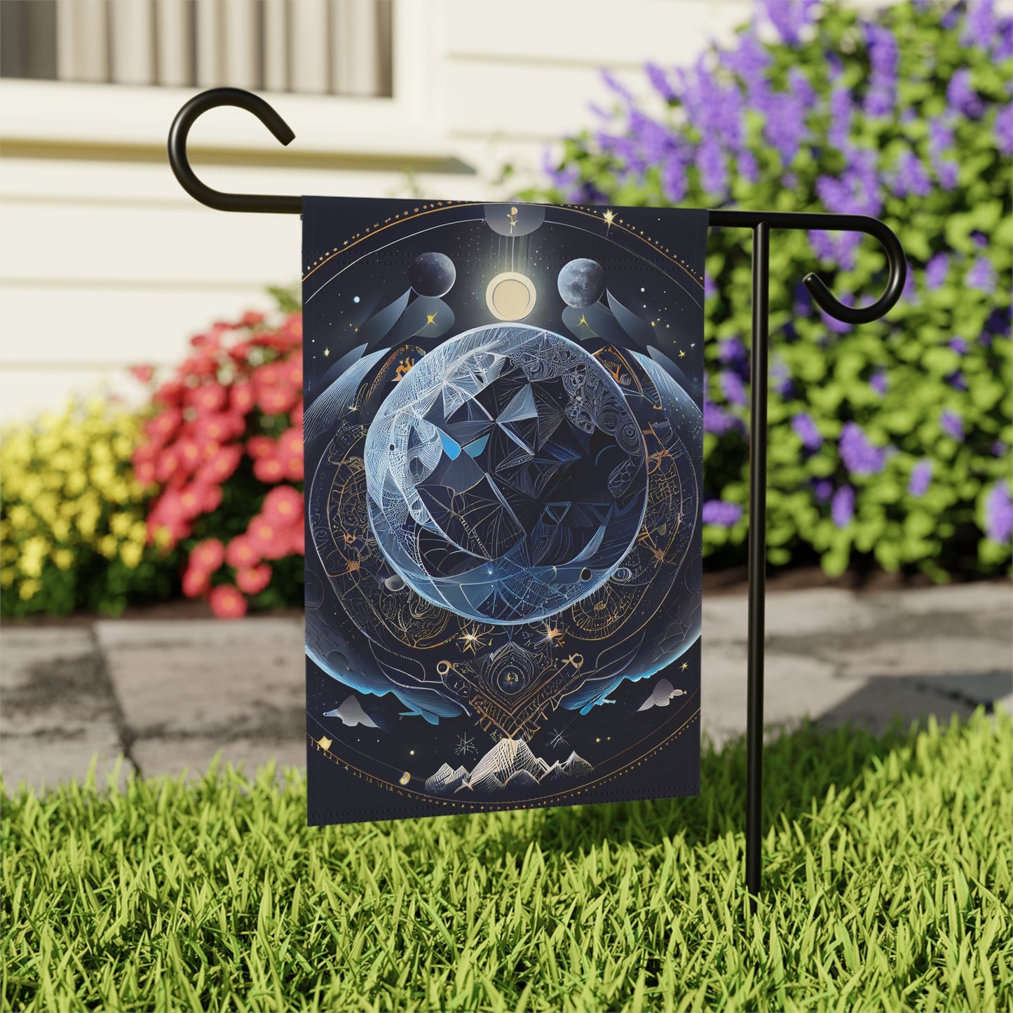 8K, high resolution detailed vector illustration poster, moon, celestial symbols, glowing accents - Garden & House Banner