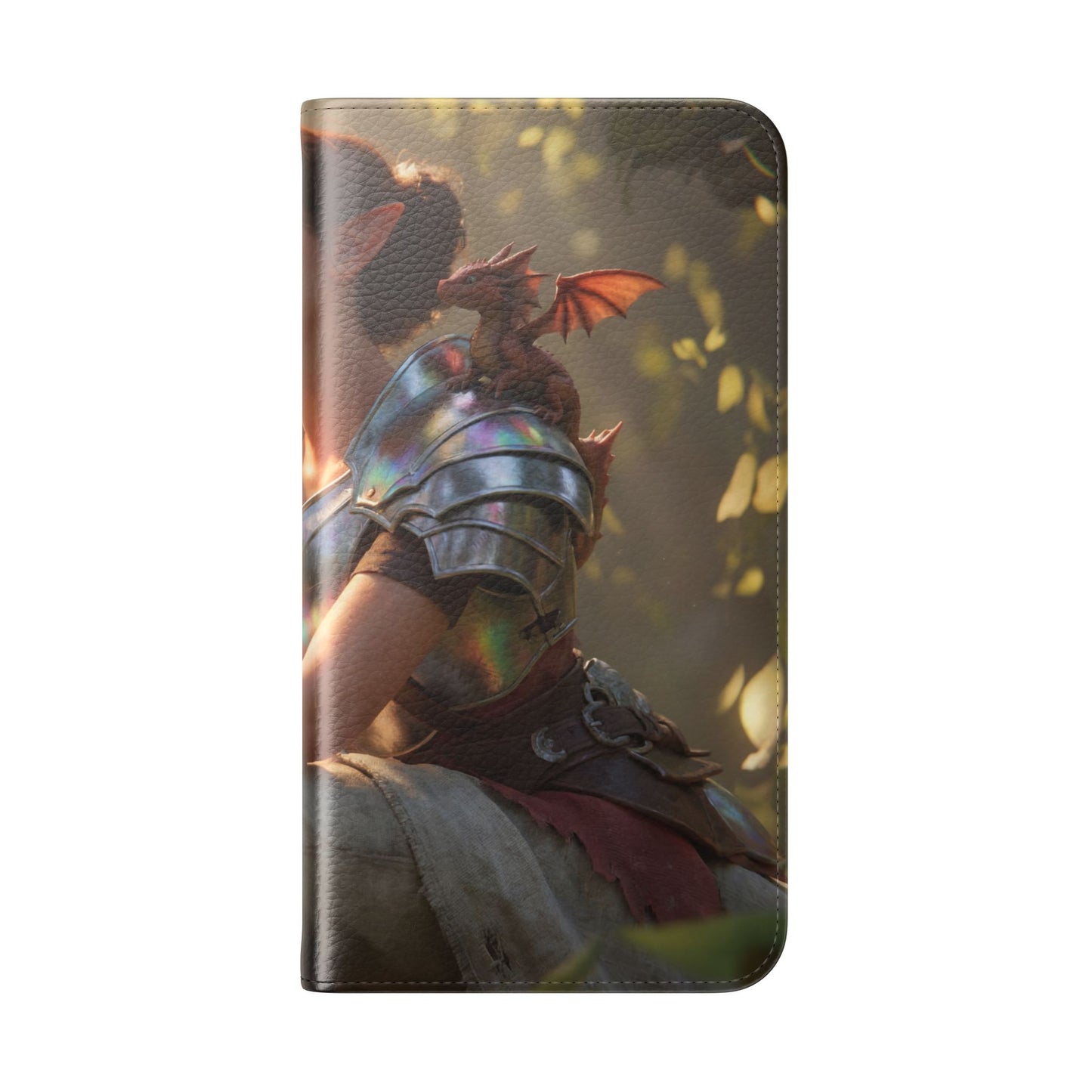 Elven Knight with Dragon Flip Cases – Iridescent Armor & Tiny Guardian Portrait