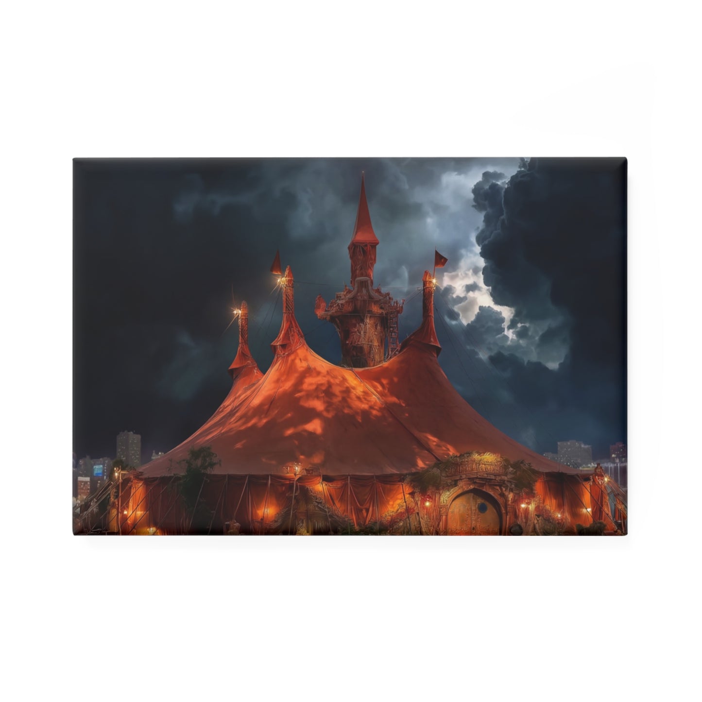 Crimson Circus Tent Button Magnet – Midnight Carnival Dreamscape