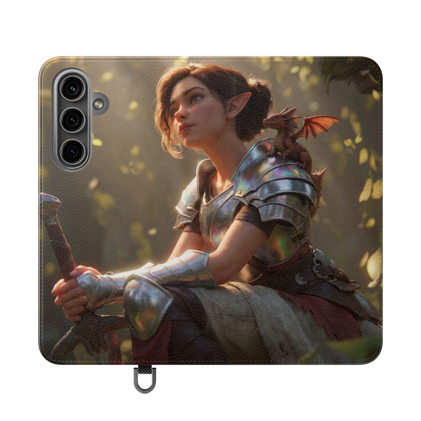 Elven Knight with Dragon Flip Cases – Iridescent Armor & Tiny Guardian Portrait