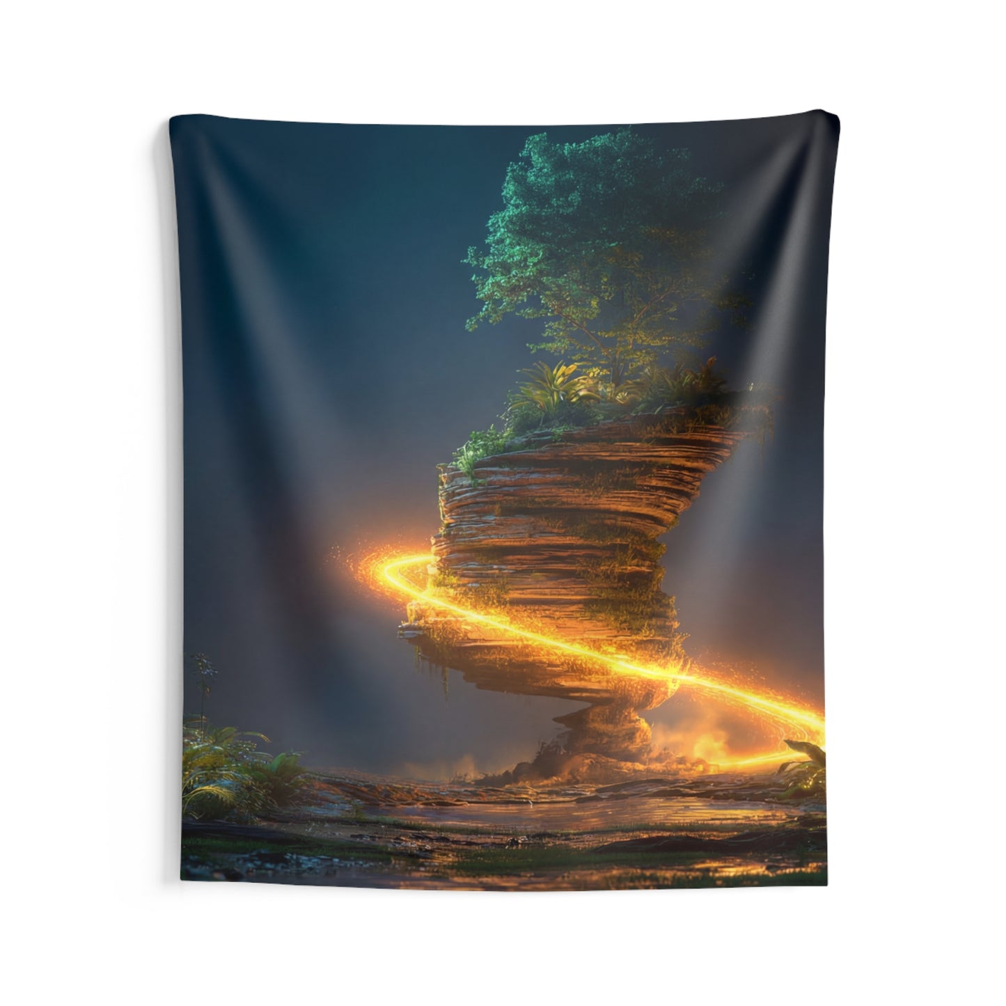 Floating Island Treehouse Tapestry – Celestial Glow Through Twilight Jungle