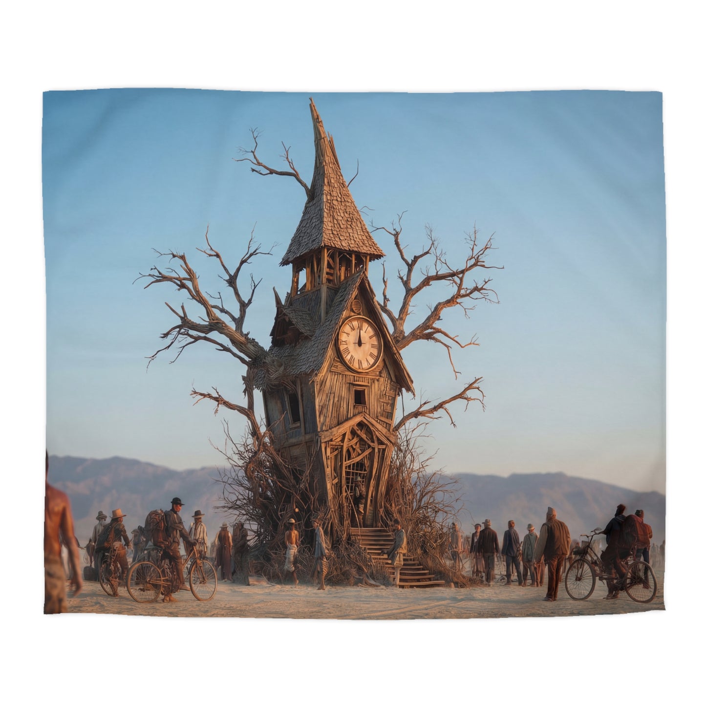 Timekeeper Tree Microfiber Duvet Cover – Dusty Wood Clocktower Sunset