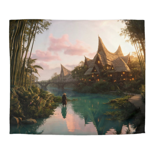 Bamboo River Village Duvet Cover – Golden Twilight Sanctuary