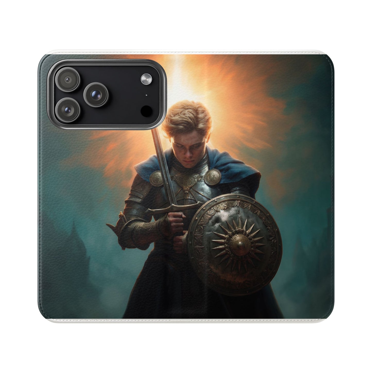 Dawn-Forged Knight Flip Cases – Radiant Armor Against Misty Skies