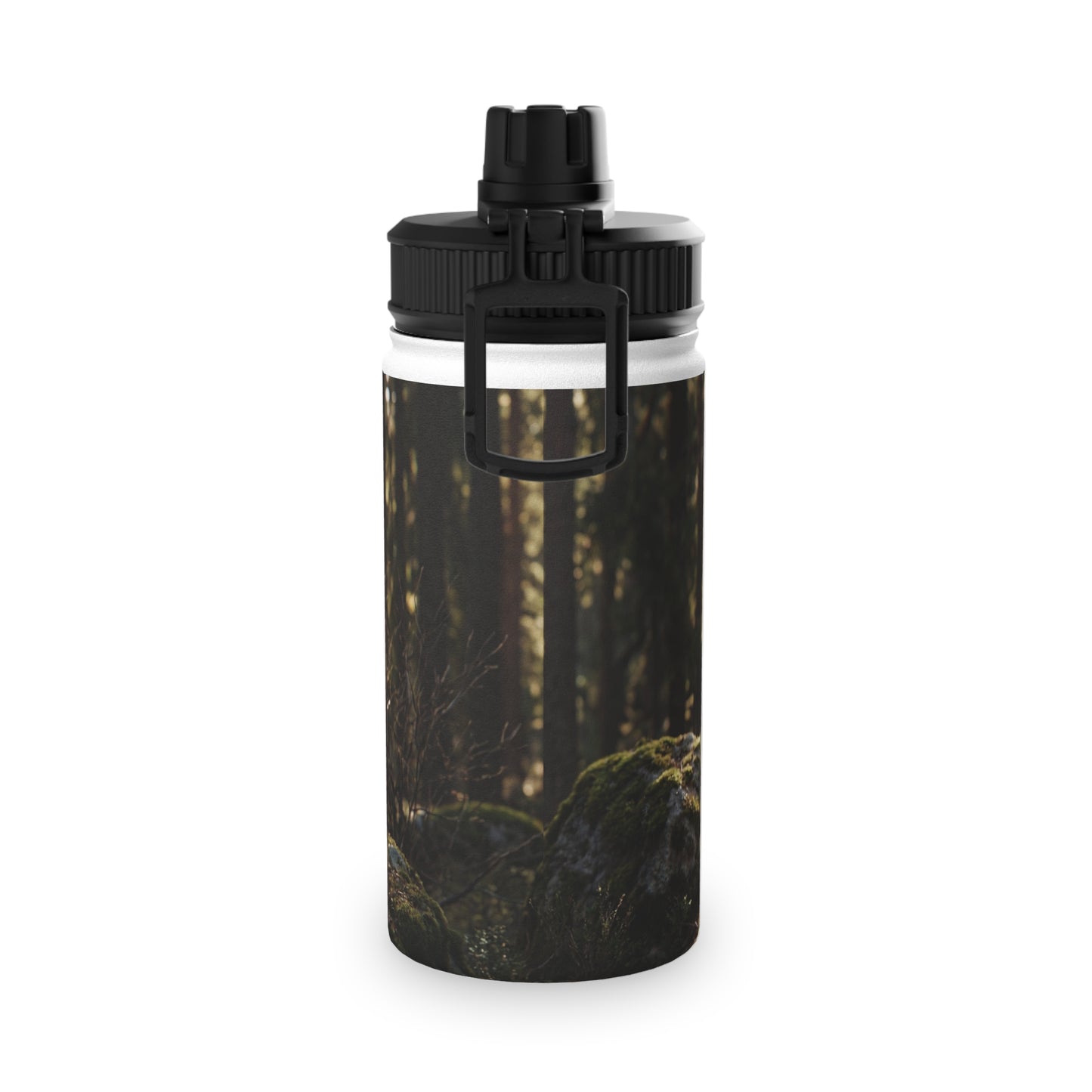 Dragon Wolf in the Sunlit Woods Stainless Steel Water Bottle, Sports Lid – Guardian of the Mossy Glade