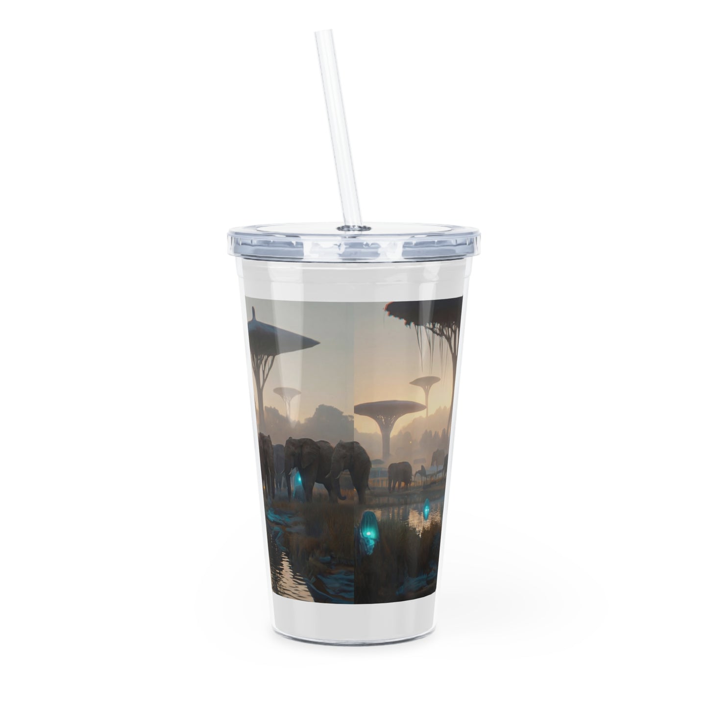 Celestial Savannah Tumbler with Straw – Twilight Oasis with Glowing Elephants