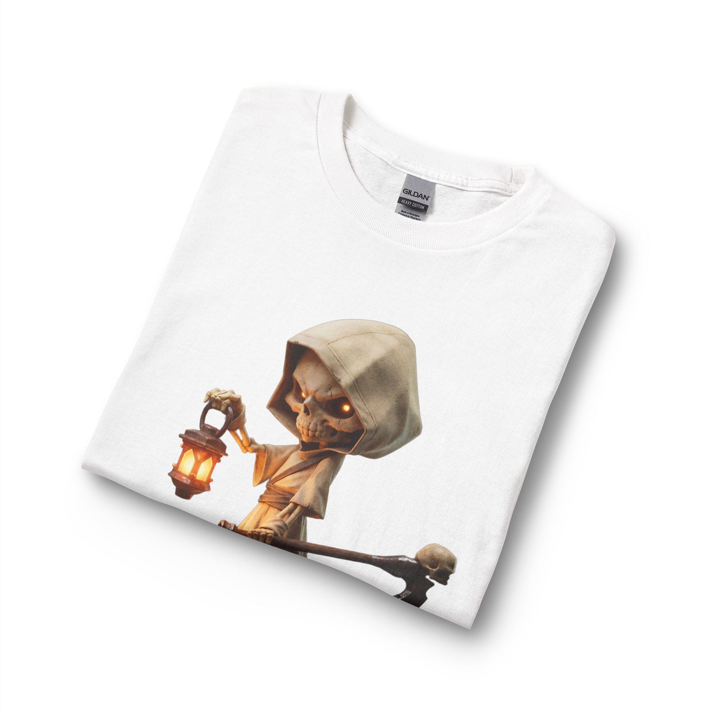 Lantern-Bearing Skeletal Guardian Unisex Long Sleeve T-Shirt – Warm Glow Against Black Canvas