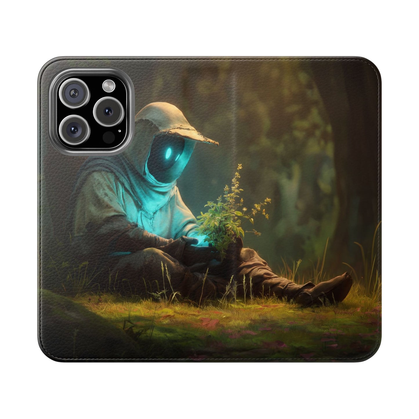 Glowing Orb Hooded Guardian Flip Cases – Bioluminescent Forest Keeper