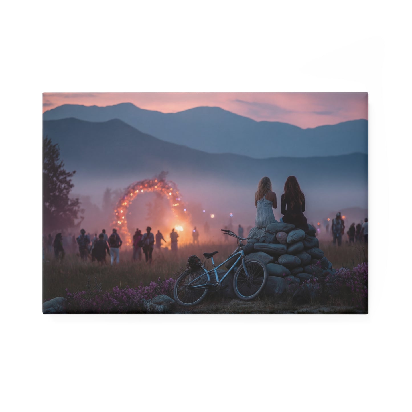 Sunset Festival Friends Button Magnet, Rectangle (1 & 10 pcs) – Whispering Peaks & Glowing Arch