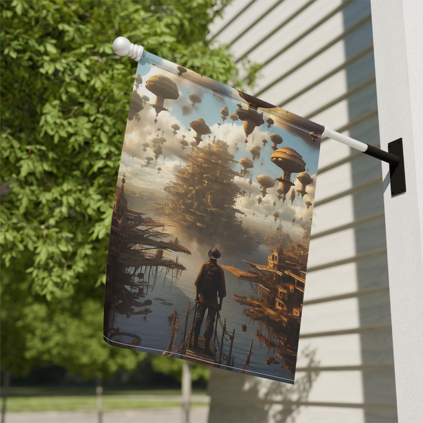 A fantasy-inspired scene featuring floating cities integrated into the Man at Burning Man - Garden & House Banner