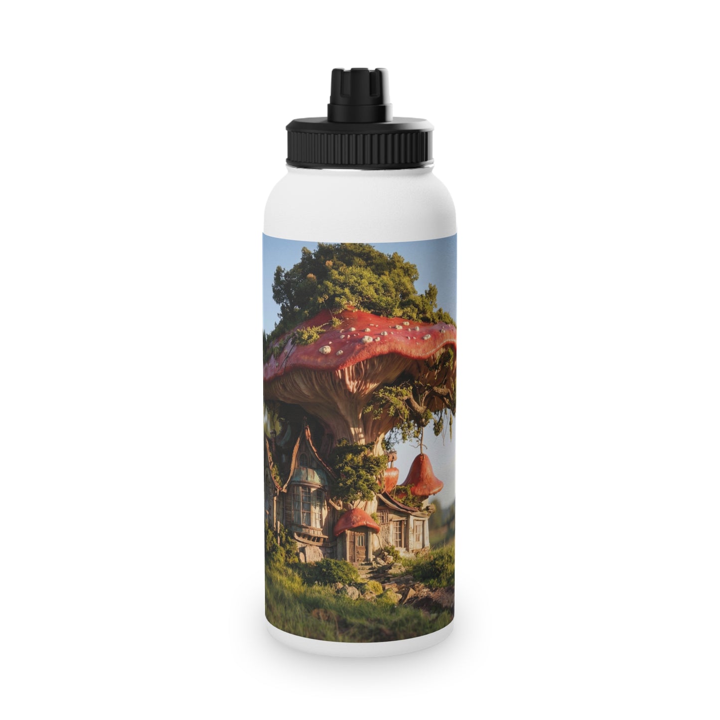 Mushroom Cottage Water Bottle – Red Cap Forest Dwelling with Gnarled Roots