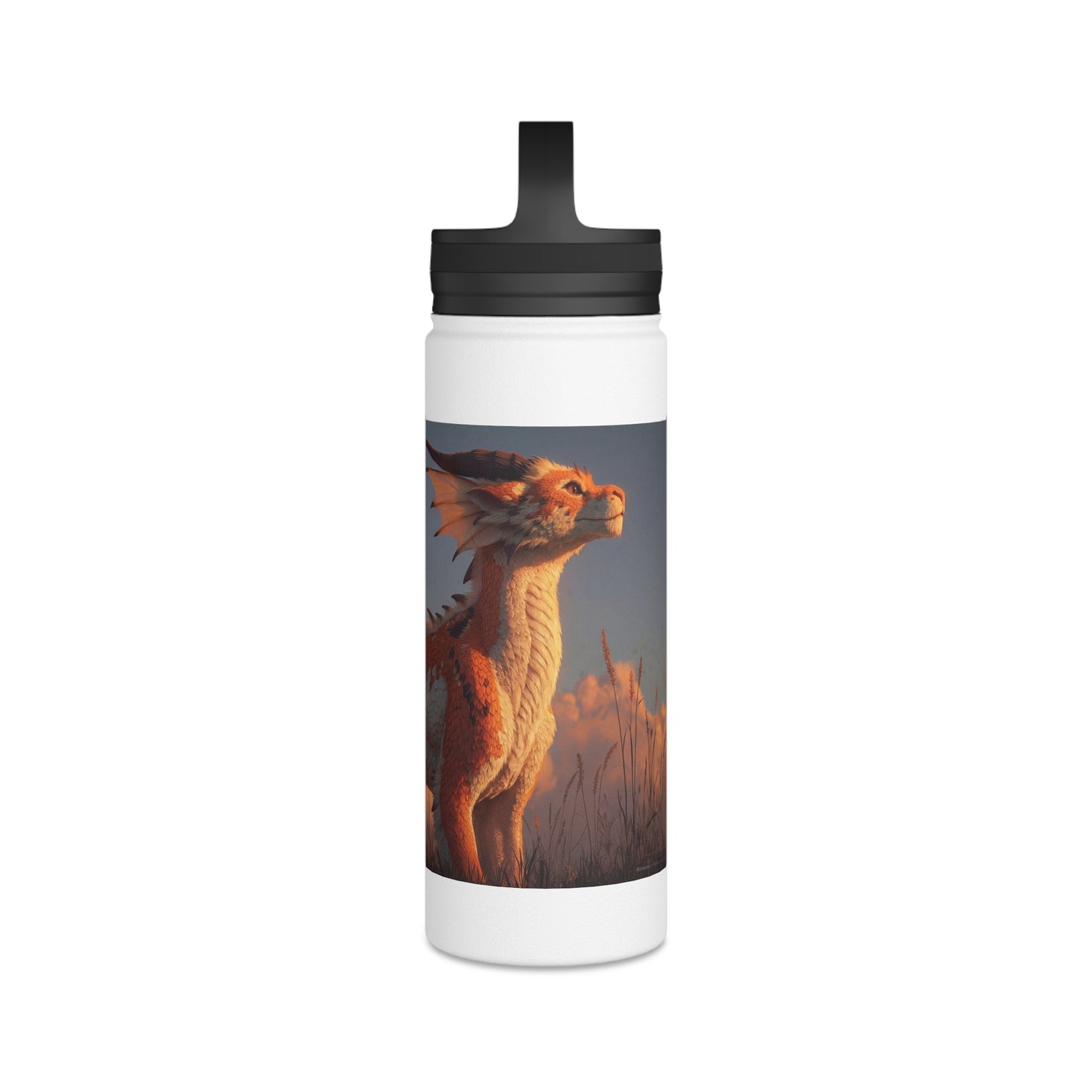 Sunset Guardian Dragon Stainless Steel Water Bottle, Handle Lid – Amber Sky Companion