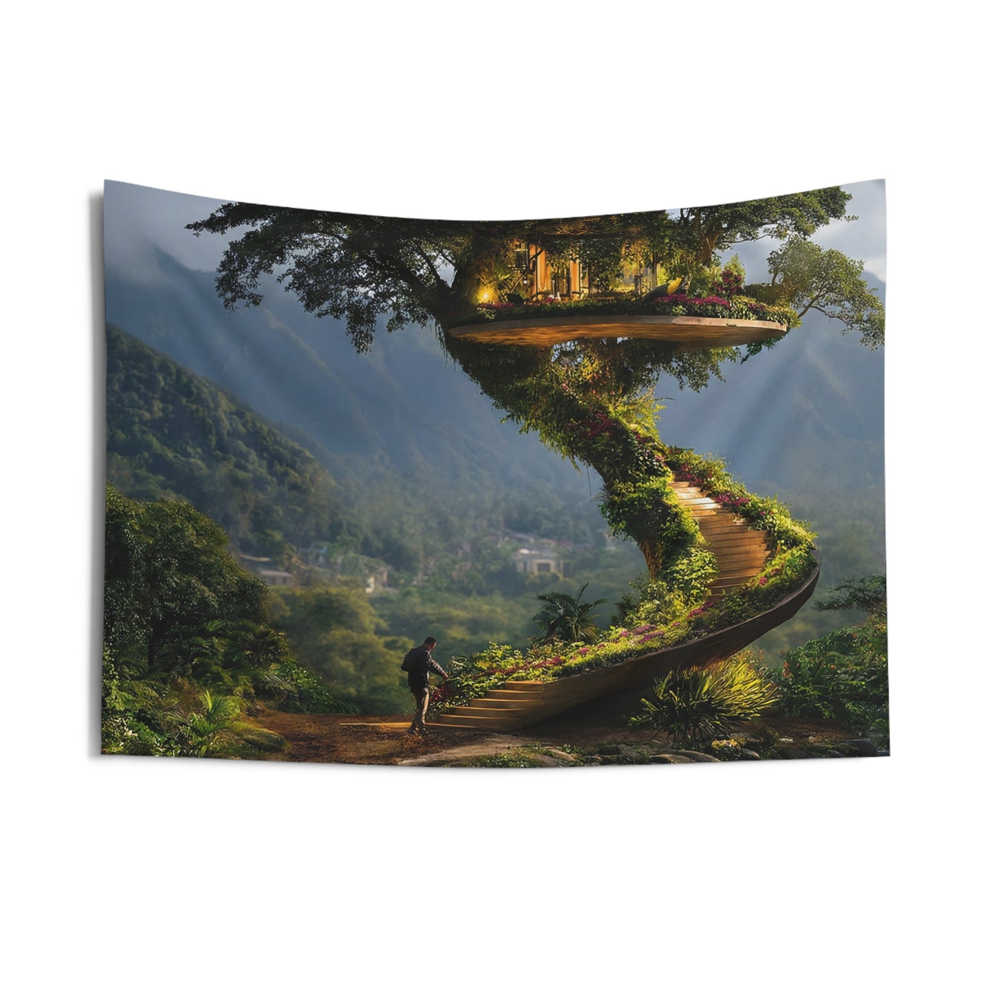 Treehouse Sanctuary Indoor Wall Tapestries – Spiral Staircase to a Mountain Dwelling