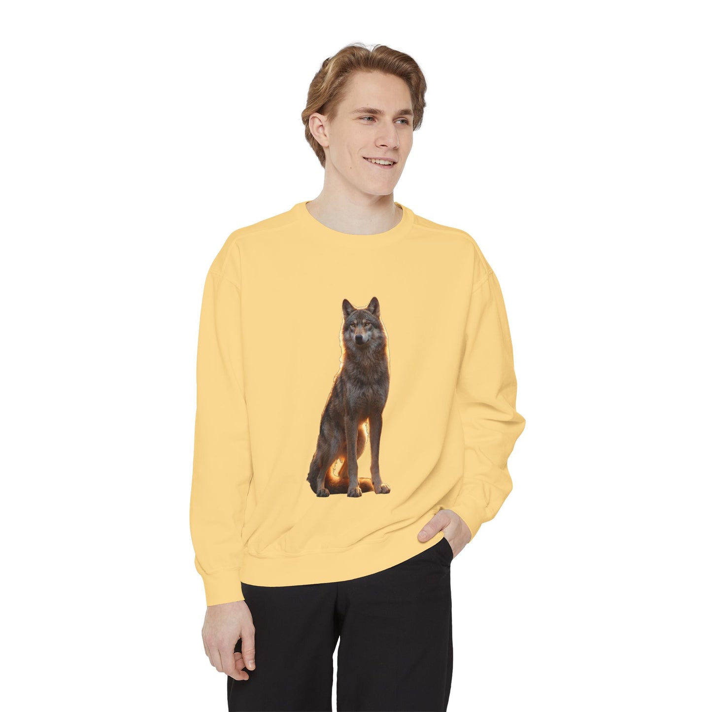 Golden Hour Wolf Sentinel Sweatshirt – Warm-Toned Pack Guardian Portrait