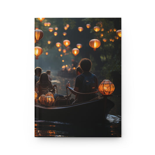 Lantern River Journey Hardcover Journal Matte – Golden Glow Through Whispering Canopy