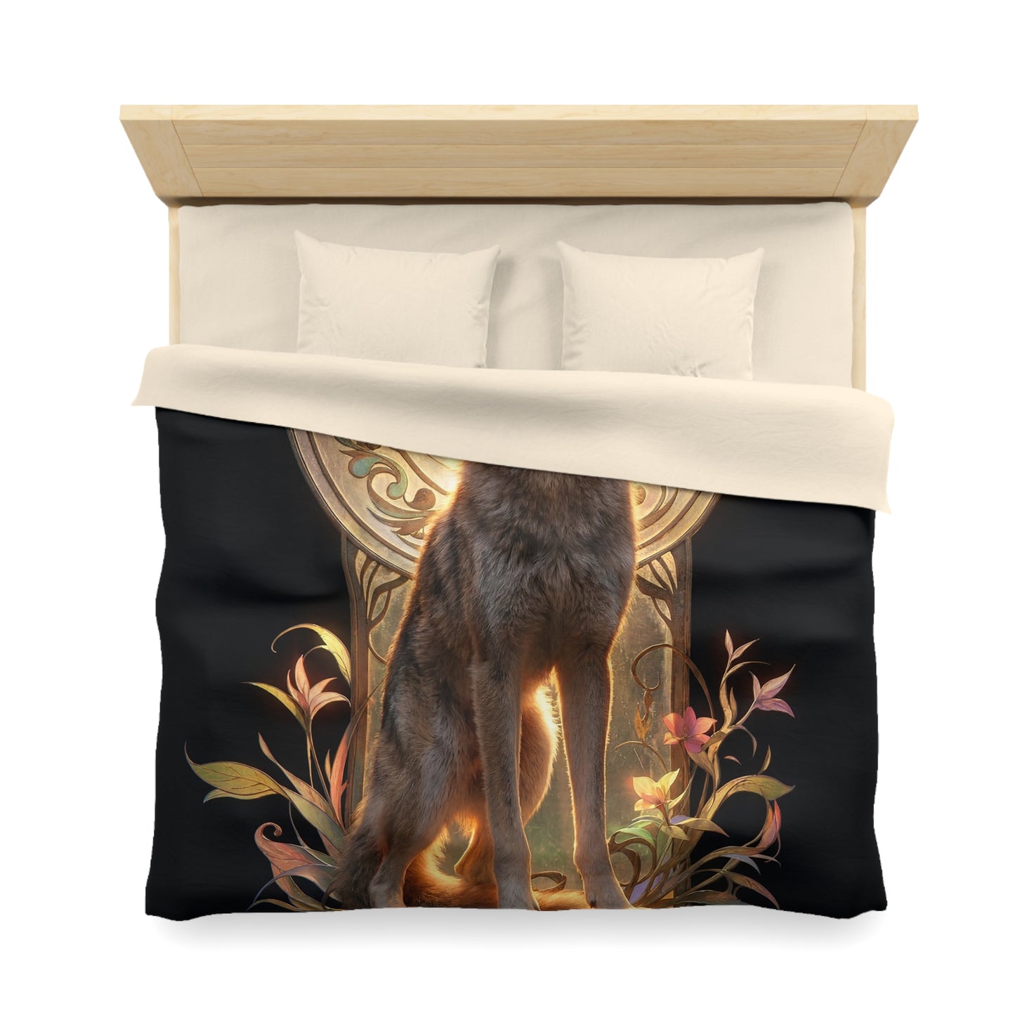 Regal Wolf Throne Microfiber Duvet Cover – Golden Light Through Art Nouveau Arch