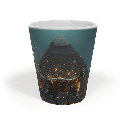 Golden Cat Guardian Latte Mug, 12oz – Pyramidal Nightwalk with Crescent Moon