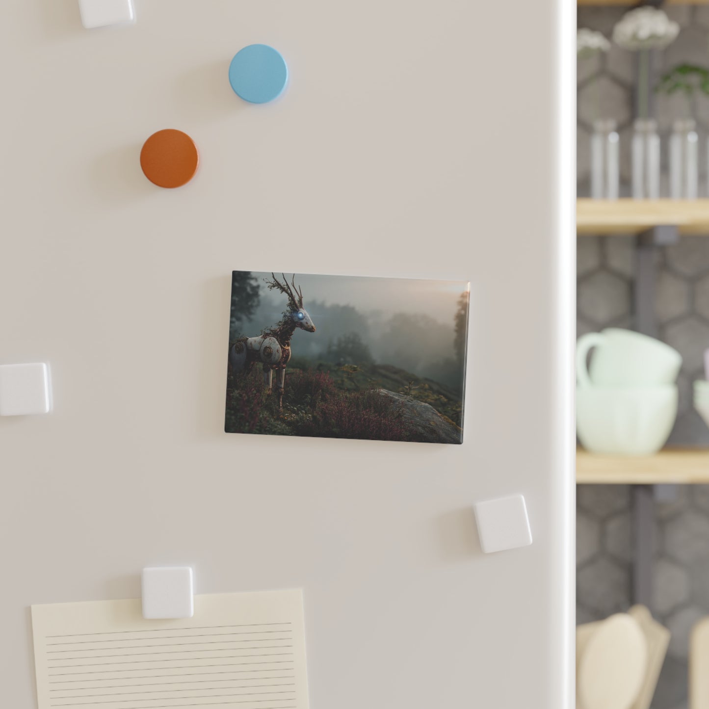 Cybernetic Stag Button Magnet, Rectangle (1 & 10 pcs) – Dawn’s Forgotten Guardian