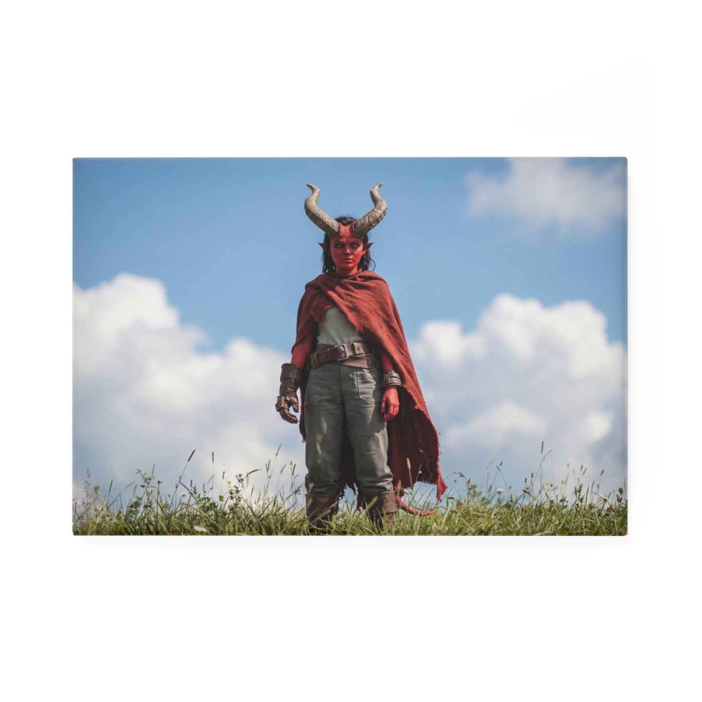 Red-Skinned Demon Warrior Button Magnet, Rectangle (1 & 10 pcs) – Standing Ground in Sunlit Grass