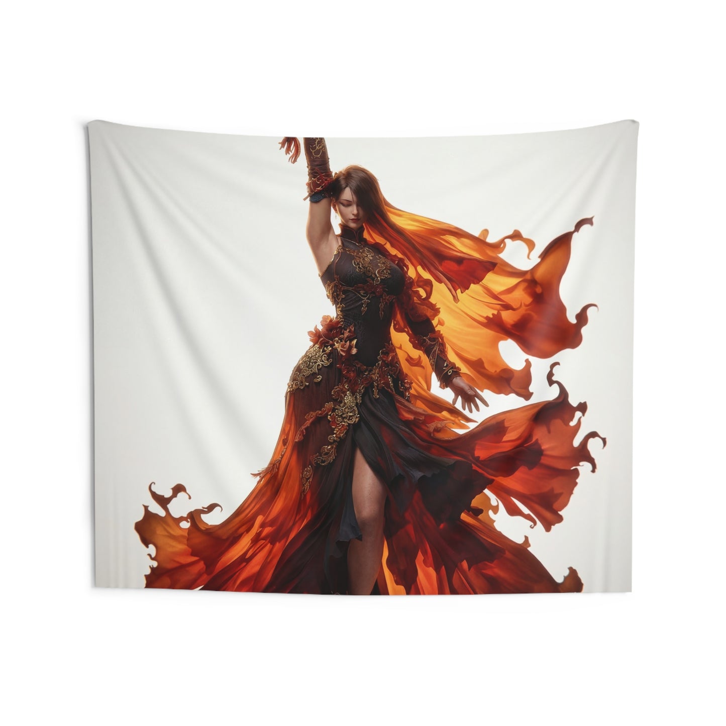 Flame-Dancer Goddess Indoor Wall Tapestries – Crimson Whirlwind Grace