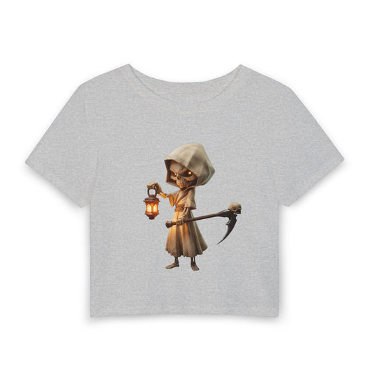 Lantern-Bearing Skeleton Baby Tee – Hooded Guardian with Scythe
