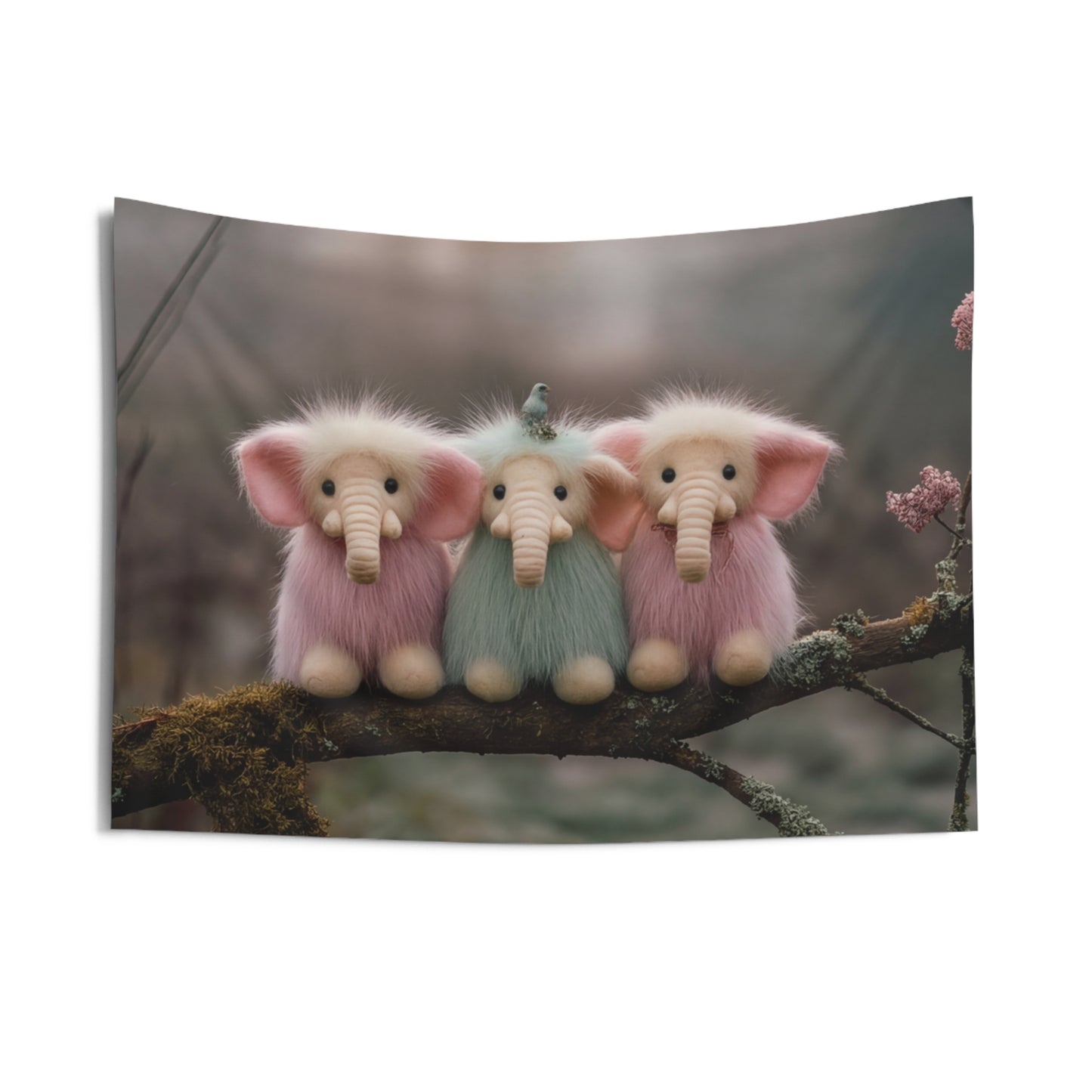 Trio of Furry Elephants Indoor Wall Tapestries – Dawn’s Whisper in the Mist