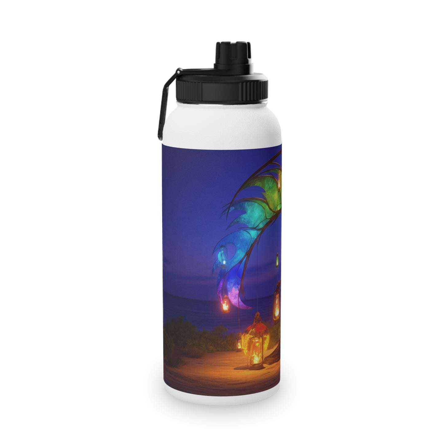 Luminous Phoenix Arch Water Bottle – Twilight Sanctuary with Hanging Lanterns