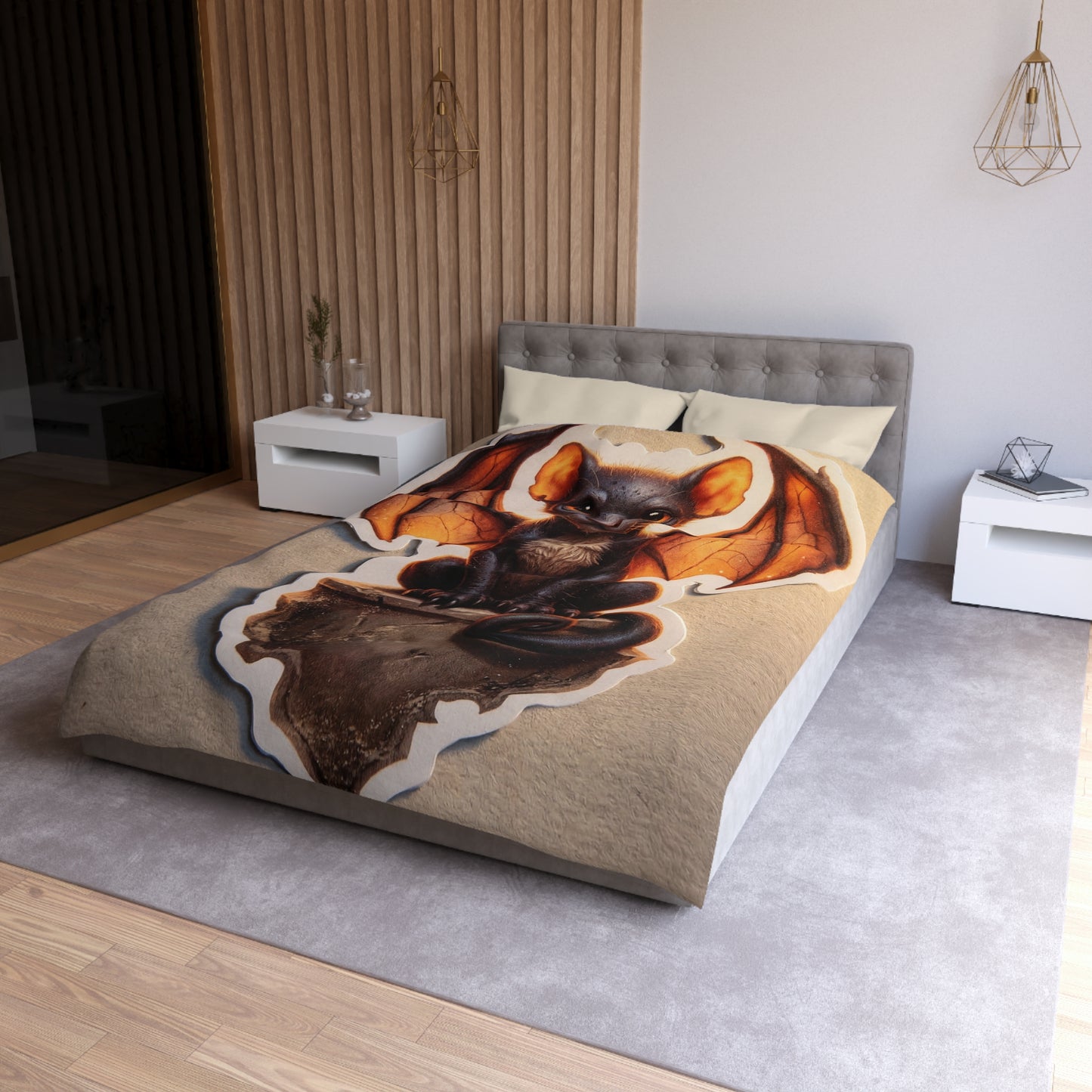 Winged Feline Sentinel Microfiber Duvet Cover – Amber Glow in Shadowed Gaze