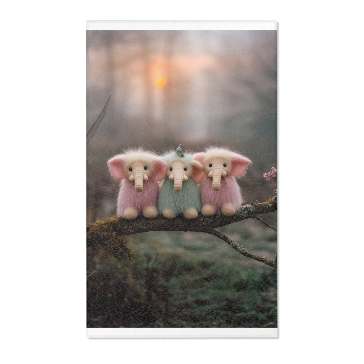 Three Furry Elephant Friends Area Rugs – Dawn’s Whisper in the Misty Wood