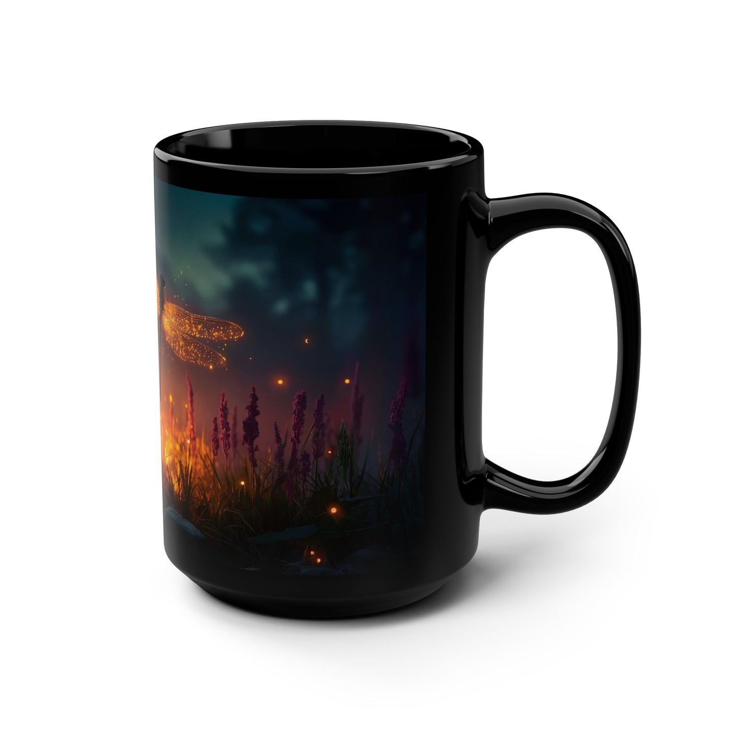 Sparkling Dragonfly Black Mug, 15oz – Golden Wing Twilight Meadow