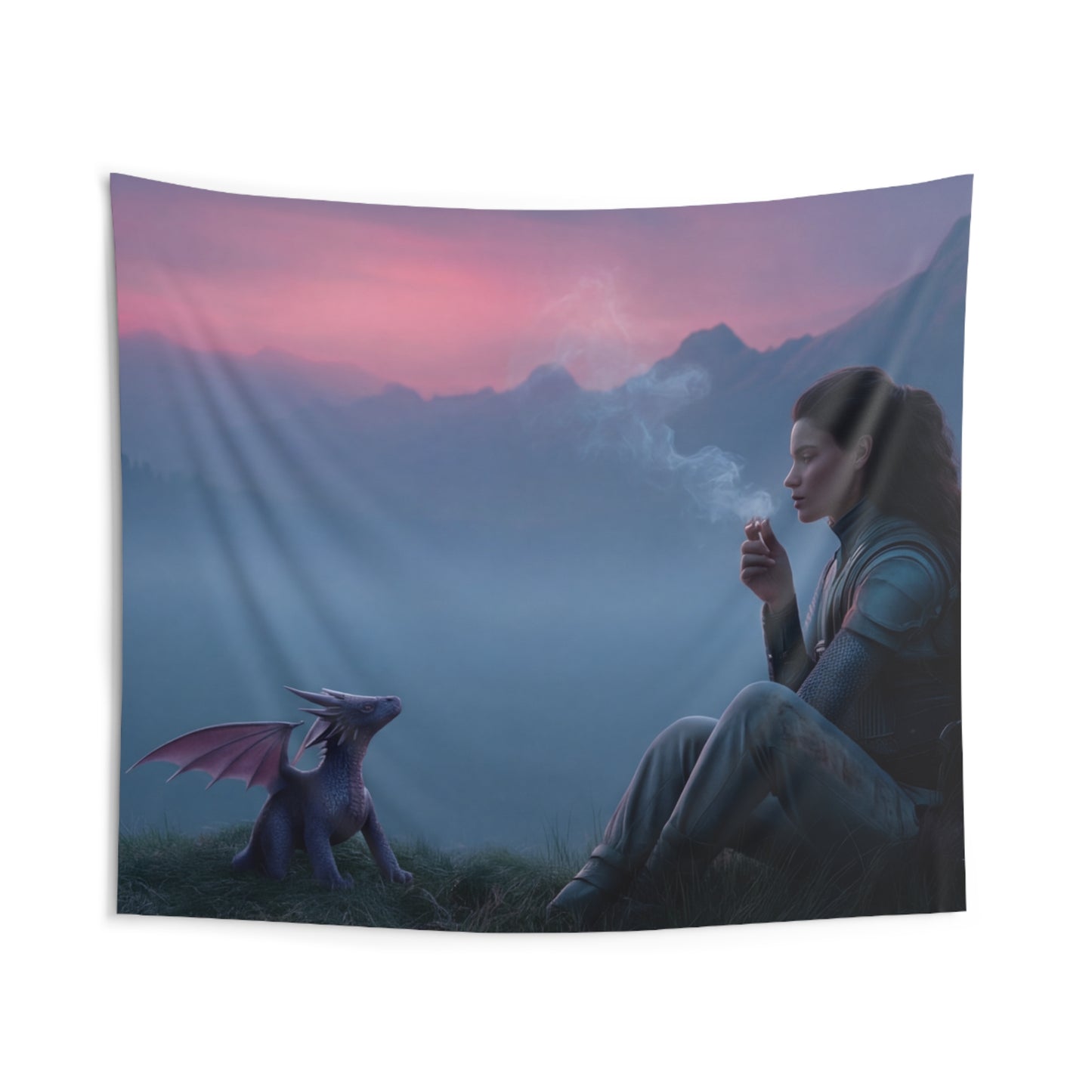 Warrior and Dragon at Dawn Wall Tapestry – Quiet Mountain Vigil