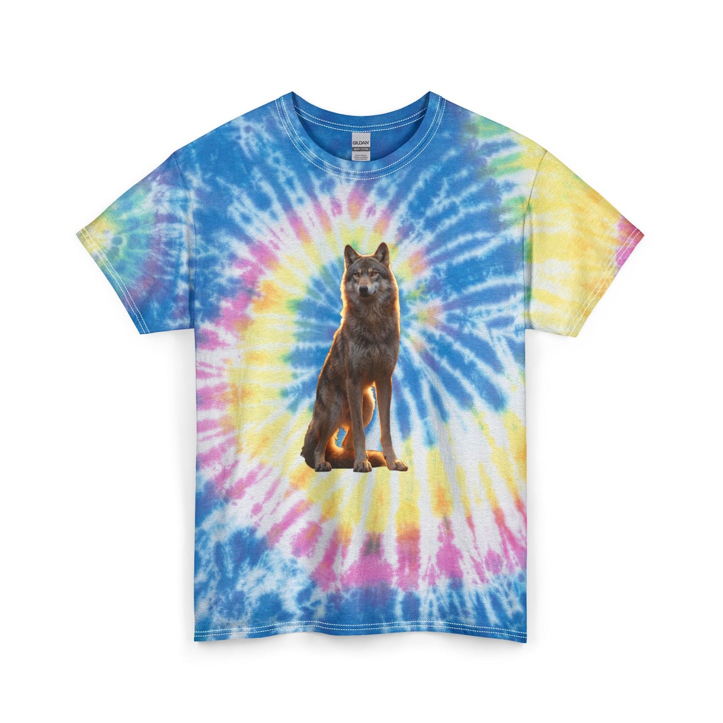Golden Hour Wolf Unisex Tie Dye Cotton Tee – Amber Sentinel Portrait