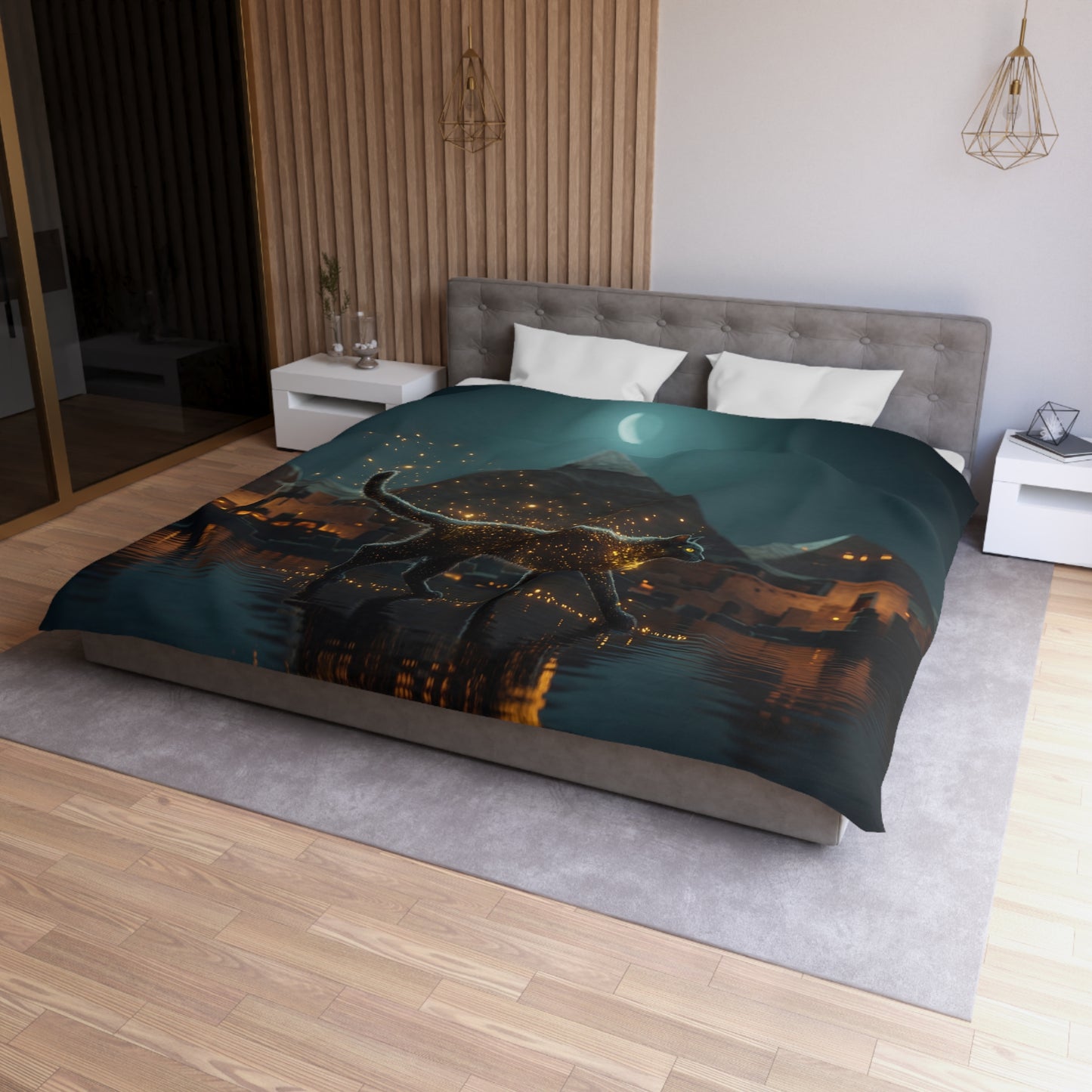 Pharaoh’s Guardian Duvet Cover – Glowing Cat at the Pyramids Microfiber Bedding