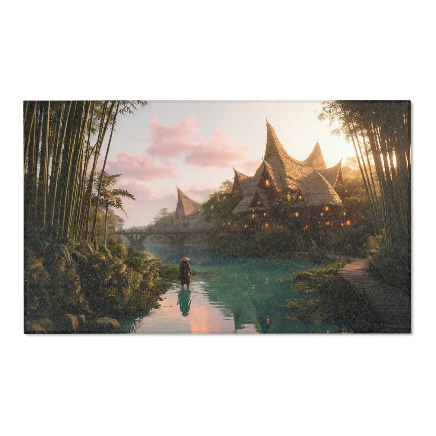 Bamboo River Village Rug – Sunset Serenity with Stilt House Reflections