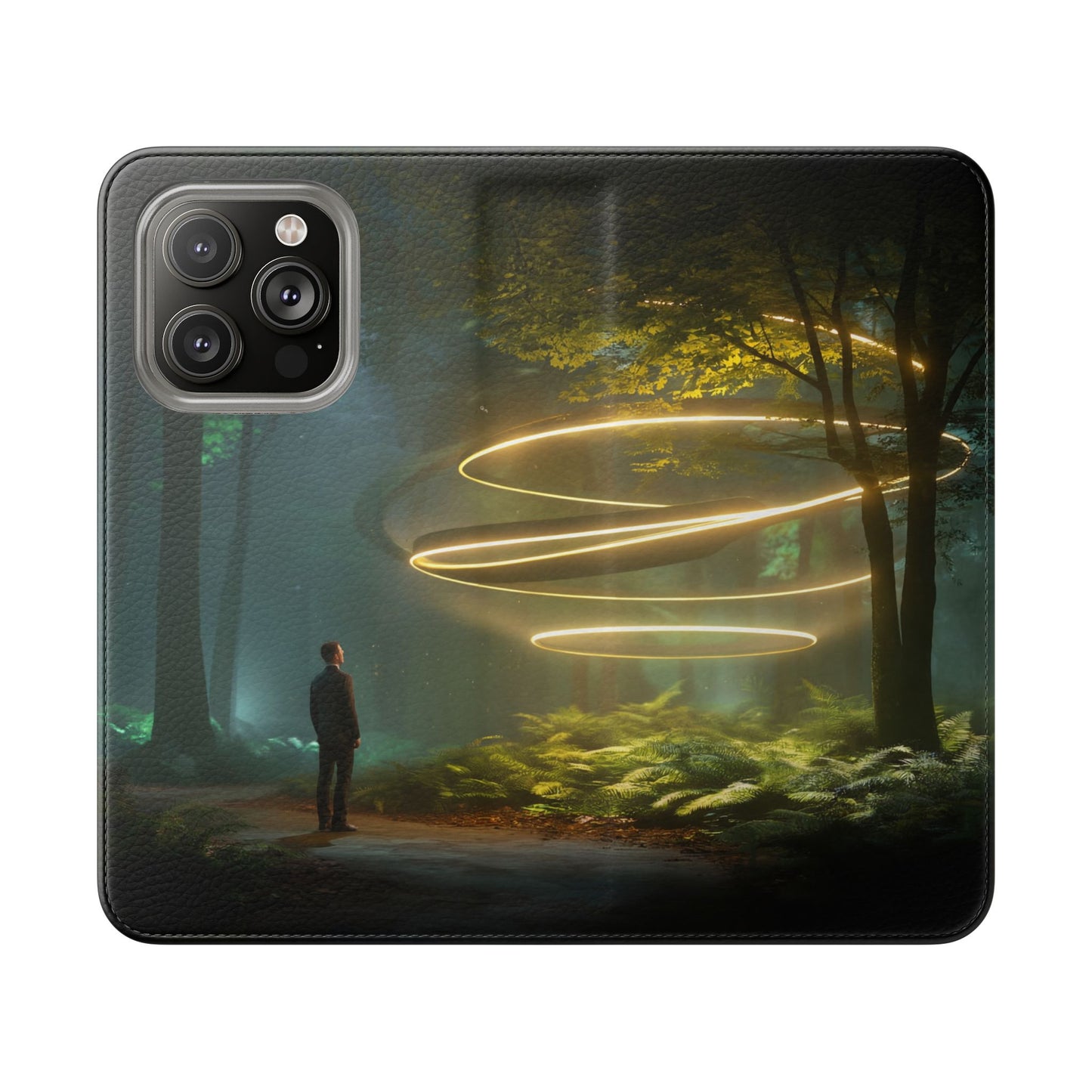 Luminous Spiral Forest Flip Cases – Golden Light Rings Mystery Scene
