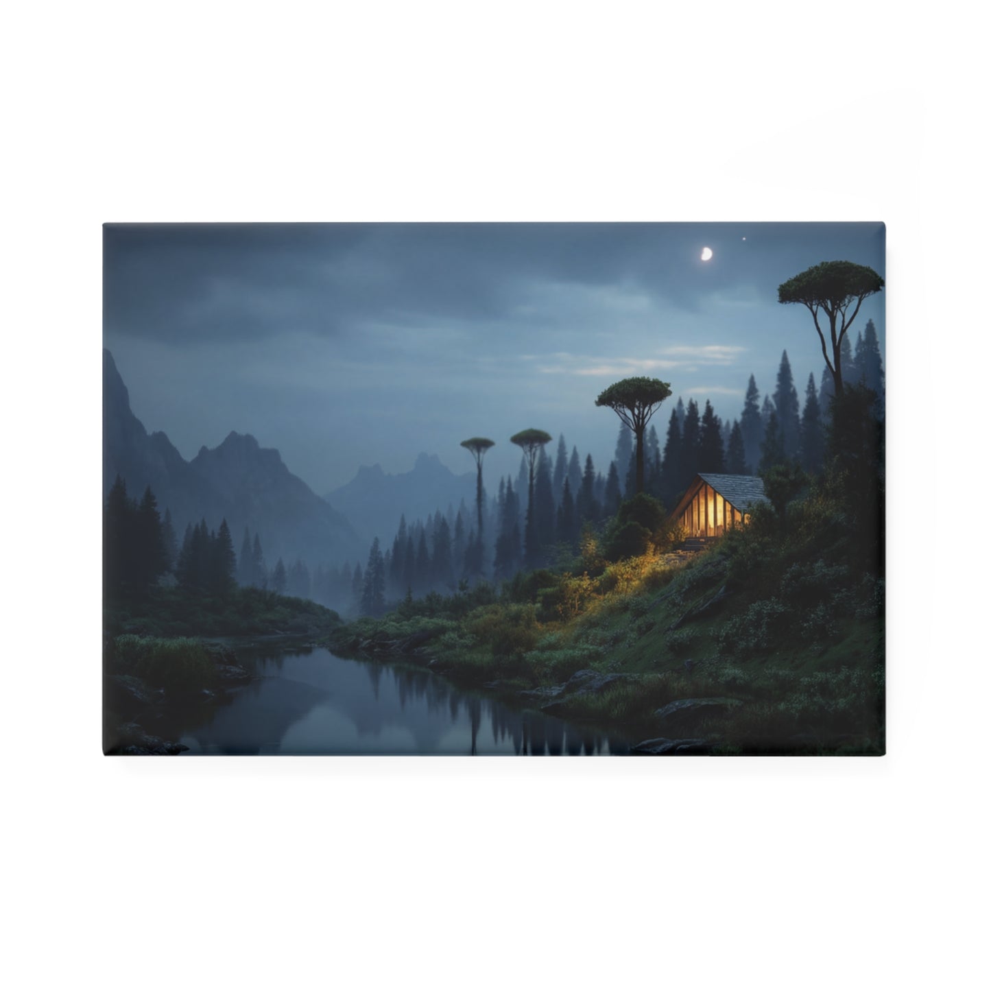 Moonlit Cabin by the River Button Magnet, Rectangle (1 & 10 pcs) – Whispering Peaks at Dusk